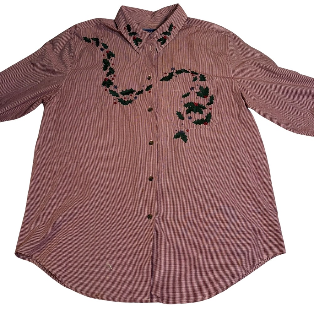 Karen Scott Women's Red Gingham Christmas Holiday Holly Berry Embroidered‎ Shirt